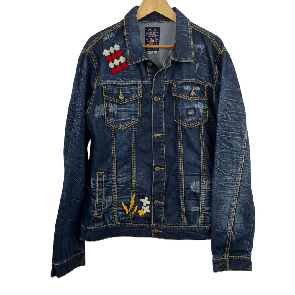 Born Fly Keep Rising Mens Denim Jean Jacket Medium Cotton Patch Distressed
